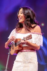 UMW senior Miss Hanover Amanda Lynn Short strummed ukulele and sang Elvis' Can't Help Falling in Love during the talent segment of the 2017 Miss Virginia Pageant. Photo by Rick Myers