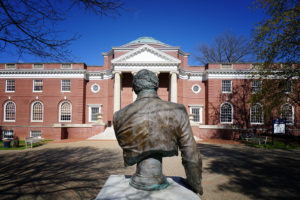 James Farmer's bust stands in front of the UMW building now named for him. Farmer co-founded the Congress of Racial Equality (CORE), which led the 1961 Freedom Rides into southern states, including Virginia, to test in nonviolent ways Supreme Court rulings that outlawed segregation in interstate transportation. Scores of Mary Washington alumni have vivid memories of the lessons they learned from the man with a booming voice and a treasure trove of life experiences to share.