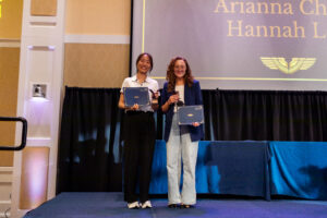 Senior Hannah Lee was among the few who received multiple awards at this year's Eagle Awards ceremony. Lee won the Alvey Honor Award and the Alumni Association Award for Outstanding Senior. Here, she poses alongside Alvey Honor Award recipient Arianna Chase. Photo by Carson Berrier