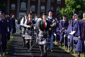 The music of the Eagle Pipe Band is a traditional sound at UMW Commencement ceremonies. This year's group featured a 3D-printed bagpipe made entirely by UMW senior AJ Gluchowski. Photo by Suzanne Carr Rossi.