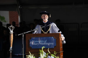 UMW President Troy D. Paino excitedly awaits the confirmation of graduates for the Class of 2024. Photo by Suzanne Carr Rossi.
