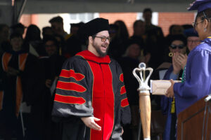 Assistant Professor of Psychological Science Marcus Leppanen was recognized with the Mary W. Pinschmidt Award, for having had the greatest impact on the lives of the members of the Class of 2024. Photo by Suzanne Carr Rossi.