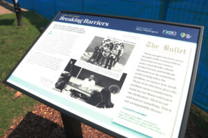 The “Breaking Barriers” panel is one of five Fredericksburg Civil Rights Trail markers located on the UMW campus. Photo by Karen Pearlman.