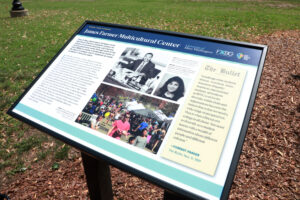 The “James Farmer Multicultural Center” panel is one of five Fredericksburg Civil Rights Trail markers located on the UMW campus. Photo by Karen Pearlman.