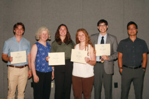 At UMW's 25th annual Summer Science Institute, several students earned awards from the John C. and Jerri Barden Perkins '61 College of Arts and Sciences Student Research Endowment, which will provide funding for them to continue their research during the academic year. From left: Boone Fleenor '26, Associate Professor of Biological Science Abbie Tomba, Morgan Hicok '25, Kate Green '25, Joseph Gasink '26 and Assistant Professor of Earth and Environmental Science Tyler Frankel. Photo by Karen Pearlman.