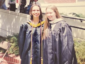 Jenn Reyes (left) on graduation day with her Mary Washington BFF, Liz, with whom she's still close. On campus, Reyes enjoyed spending time at the Simpson Library; the computer lab in Chandler Hall, where the Cedric Rucker University Center now stands; and the fountain in front of Monroe Hall.