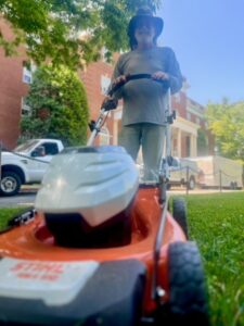 UMW is transitioning to landscape equipment based on cleaner technologies, exchanging noisy, gas-powered mowers and blowers with quieter, Earth-friendly models, which were tested out during a field-day event this spring. Photo by Holly Chichester-Morby.