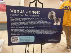 The UMW portion of the Fredericksburg Civil Rights Trail stretches to the Jepson Science Center, where a mural honors Venus Jones ’68, a successful scientist and the first Black Mary Washington graduate.