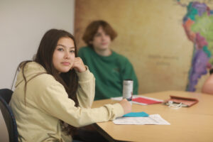 Abigail Whittikiend (front) and Cameron Kuvinka are among the inaugural cohort of ninth-graders attending the Academy of Technology and Innovation at UMW. Photo by Karen Pearlman.