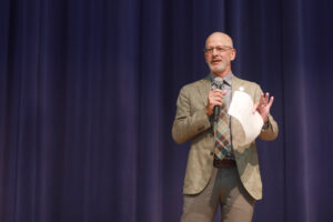 President Troy Paino reported on all things UMW during a faculty/staff address to kick off the fall 2024 semester. Photo by Karen Pearlman.