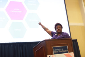 Jessica Atkinson, general registrar for the City of Fredericksburg Office of Voter Registration and Elections speaks to a group during a breakout session at the Virginia Student Voting Summit. Photo by Karen Pearlman.