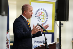 Orange County Public Schools Superintendent Daniel P. Hornick speaks during the ATI-UMW dedication ceremony. Photo by Suzanne Carr Rossi.