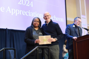 James Farmer Multicultural Center Director and Assistant Vice President for Student Affairs Marion Stanford accepts the Hurley Award for exceptionally meritorious service. Photo by Karen Pearlman.