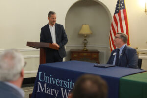 UMW Provost Tim O’Donnell (right), who signed the official document along with George Mason Provost James Antony (left), believes the UMW-Accelerated Mason Program will greatly benefit students, faculty and programs. Photo by Karen Pearlman.