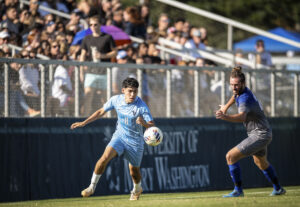 Diego Guzman (8) and the dynamic UMW’s men's soccer team are rated No. 1 in the nation in the NCAA Power Index issued Oct. 2024. Photo by Tom Rothenberg.