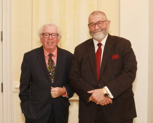 Distinguished Professor Emeritus Bill Crawley (left) and UMW Museums Executive Director Scott Harris '83 have served as co-directors of the William B. Crawley Great Lives Lecture Series for the past year. On Tuesday, Crawley announced his retirement. Harris, his former student at Mary Washington, will oversee the Great Lives Lecture Series. Photo by Karen Pearlman.