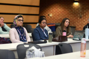 From left to right: Assistant Professor of Strategy Samira Fallah, and College of Business (COB) Associate Professors Kanchan Deosthali and Alexandra Dunn were among faculty members who attended the Case Competition. Photo by Karen Pearlman.