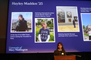 Hayley Madden ’25 was among the student speakers who shared their stories at the 2024 Celebration of Giving. An art history major, Madden studied abroad in England and France and now serves as a peer advisor in UMW’s Center for International Education. Photo by Karen Pearlman.