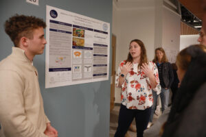 Chris Anderson (left) and Lexi Miller, both biomedical science majors, present their research into the side effects of the popular drug Ozempic, often prescribed for weight loss, during the Jepson Science Center Fall Research Symposium. Photo by Karen Pearlman.