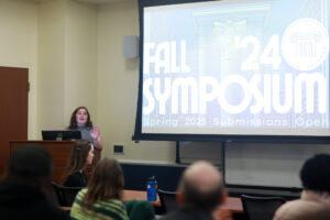 The Columns Humanities and Social Sciences Symposium took place in the Colonnade Room inside the Cedric Rucker University Center. The event featured presentations by three students whose work is featured in the current issue of 'Columns,' Mary Washington's humanities and social sciences journal. Photo by Karen Pearlman.