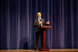 University of Mary Washington President Troy Paino kicked off the spring 2025 semester by addressing faculty and staff in George Washington Hall's Dodd Auditorium. Photo by Sam Cahill.