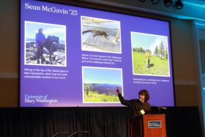 At the Celebration of Giving in November, McGavin, a chemistry major, shared his journey from hiking the Appalachian Trail to fighting fires in Montana to studying in the Galápagos Islands. He expressed gratitude for the private scholarship support he received to attend the University of Mary Washington and engage in study abroad. Photo by Karen Pearlman.