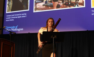 Manton, who received the Henry and Grace Spicer and James E. Baker University Community Orchestra scholarships, expressed gratitude to her donors at the Celebration of Giving in November 2024. “I cannot stress enough that without these awards, I wouldn’t be standing in front of you today.” Photo by Karen Pearlman.