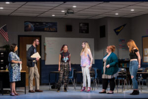 From left to right: Senior Cora Denny, first-year student Jonah Hilbert, senior Ariana Adamek, senior Nikki Rizzo, senior Rachel Piotrowski and senior Emma Magner perform during dress rehearsals for ‘John Proctor is the Villain.’ Photo by Geoff Greene.