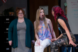 From left to right: UMW seniors Rachel Piotrowski, Nikki Rizzo and Ariana Adamek perform during dress rehearsals for ‘John Proctor is the Villain.’ Photo by Geoff Greene.