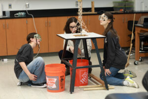 Students from Oakcrest School in Vienna participate in the “Tower” event during the Virginia Science Olympiad (VASO) competition held on Mary Washington’s campus. Photo by Karen Pearlman.