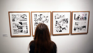 These black and white ink drawings by Travis Head ‘02 are some of the pieces on display through March 23 in duPont Gallery on the UMW campus.